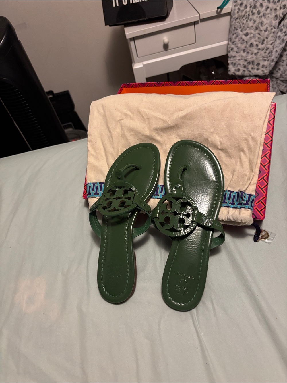 Tory Burch Green Patent Leather Miller Logo Slide Sandals